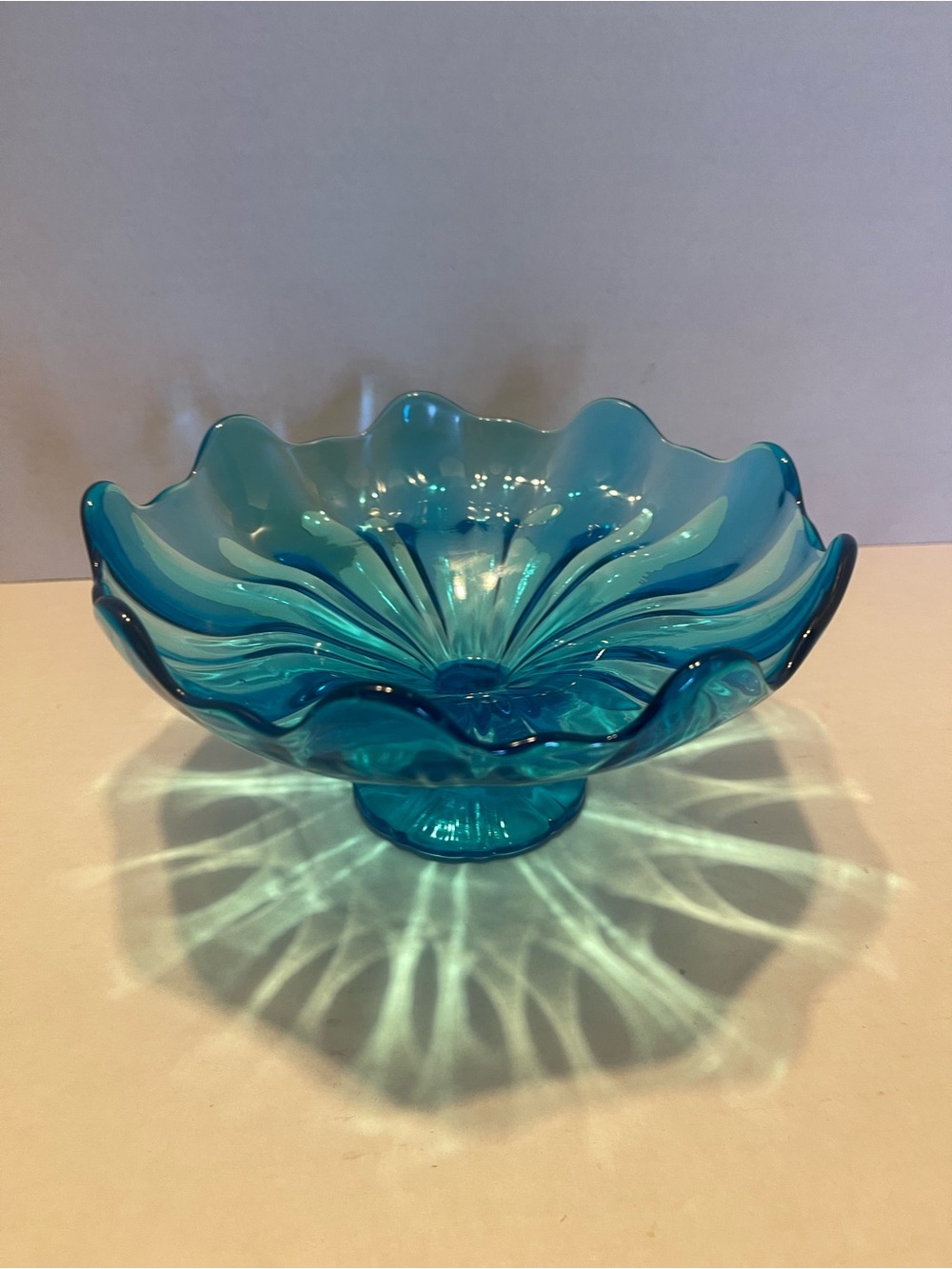 LE Smith 9 pedal Blue Glass Pedestal Bowl  Home Art 1950s